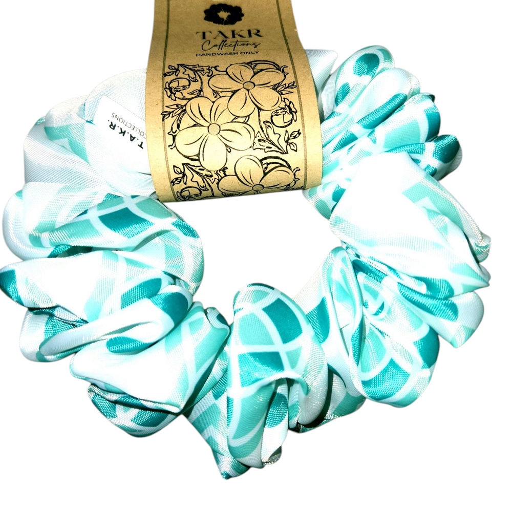 TAKR Collection Teal and White Scrunchie. Size: S, M, L